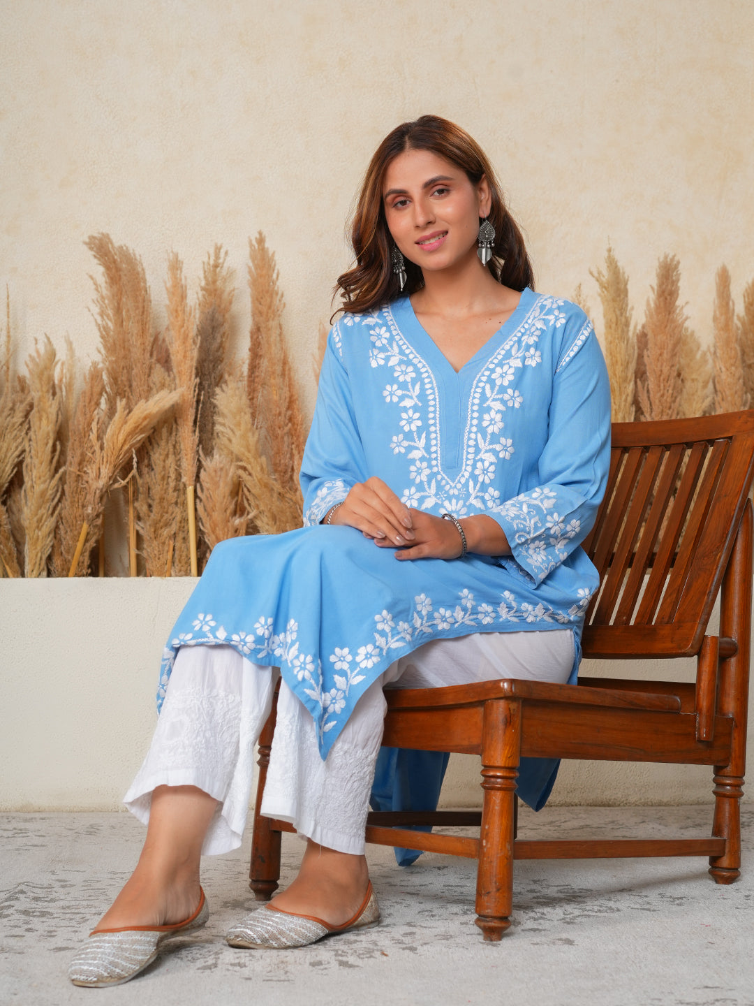 Nilofar: Blue Hand embroidered Rayon Chikankari Kurti