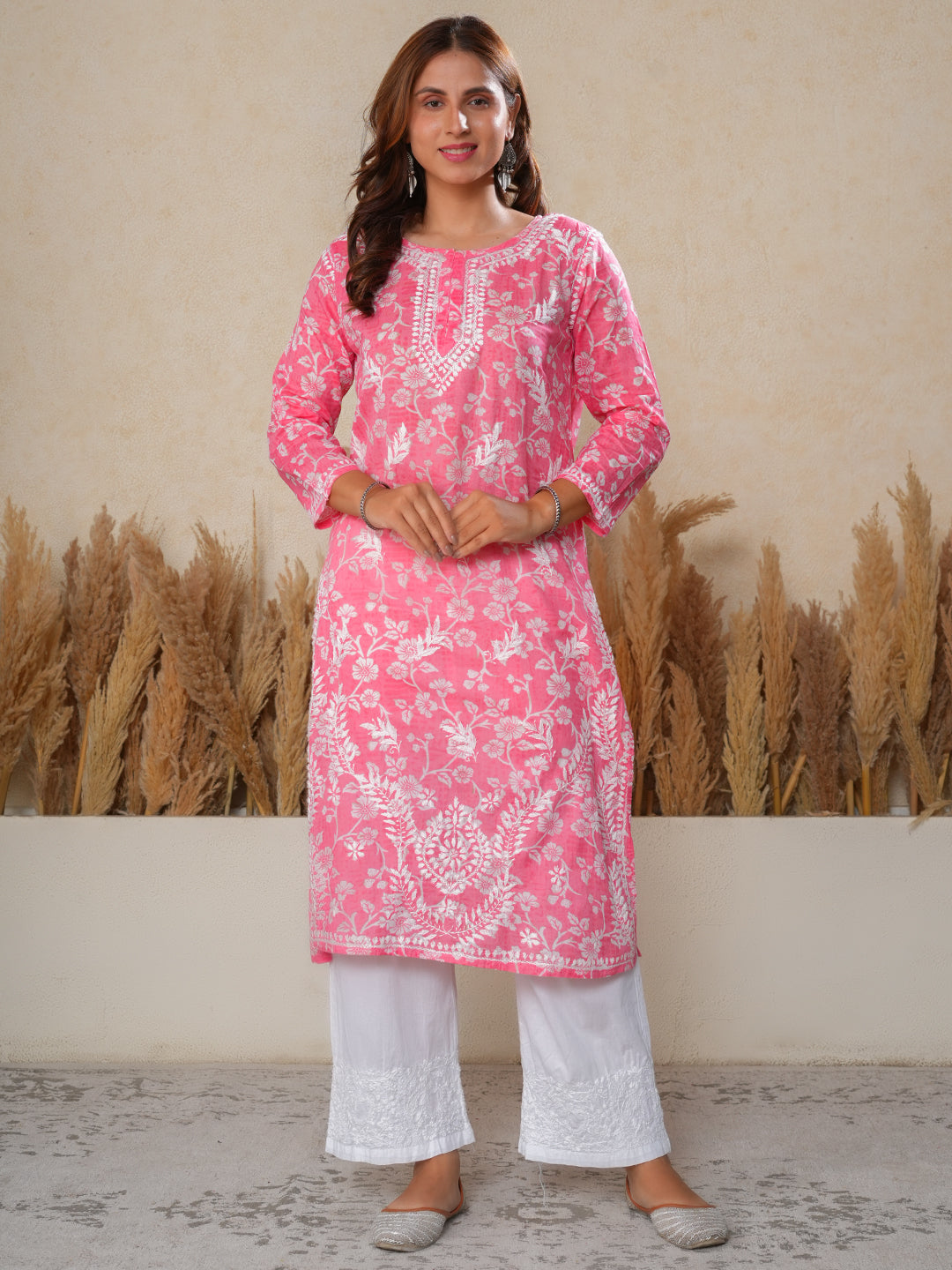 Jugni Mul Cotton Printed Straight Kurti-Pink