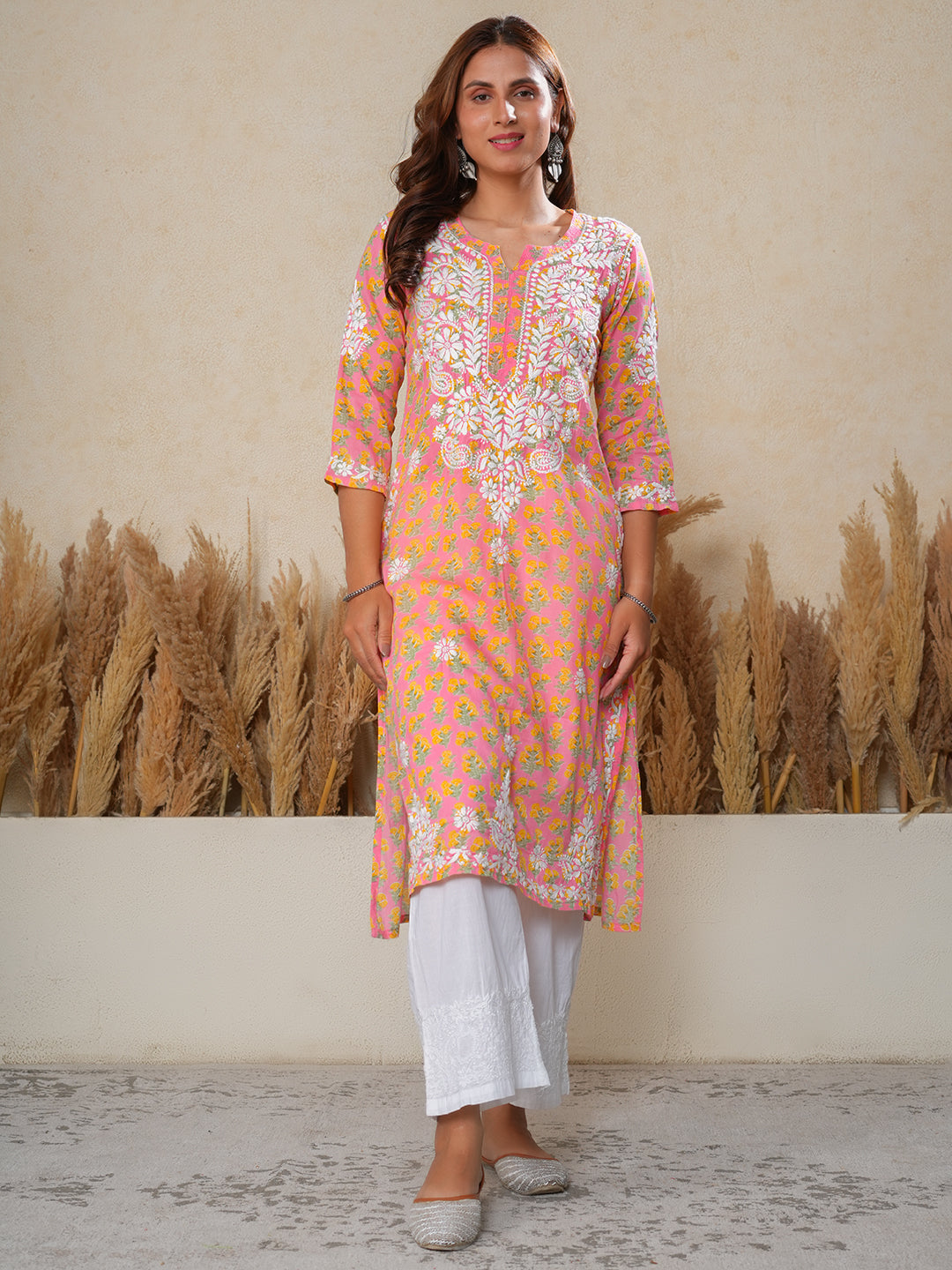 Jugni Mul cotton Chikankari Straight Kurti-Pink