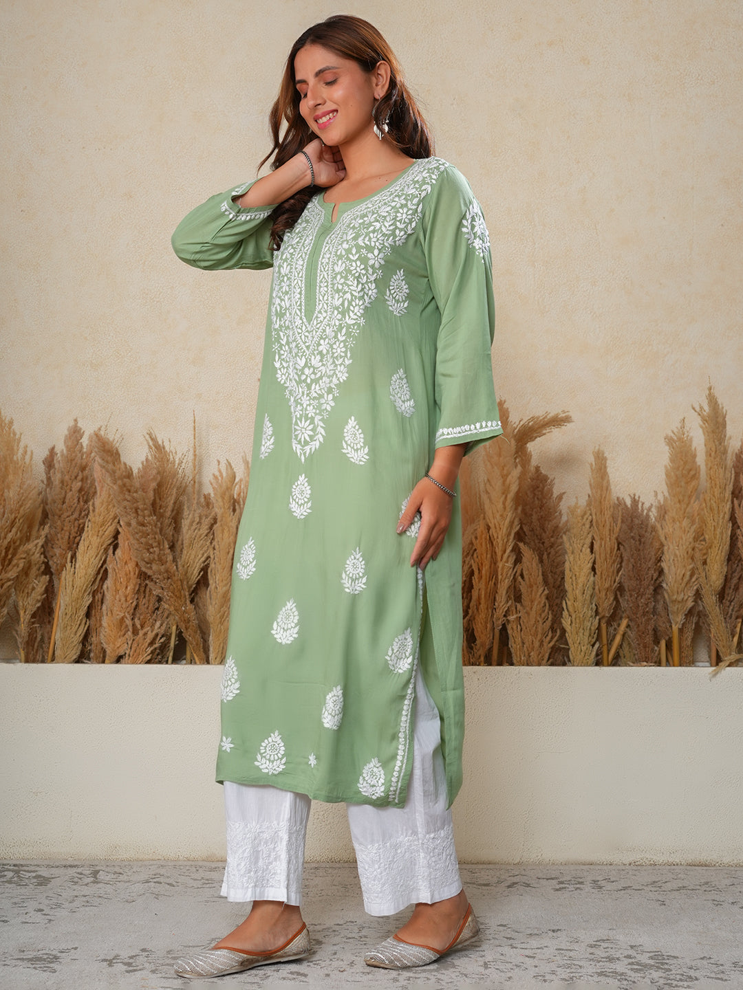 Nilofar: Sage Green hand embroidered Modal Chikankari Kurti