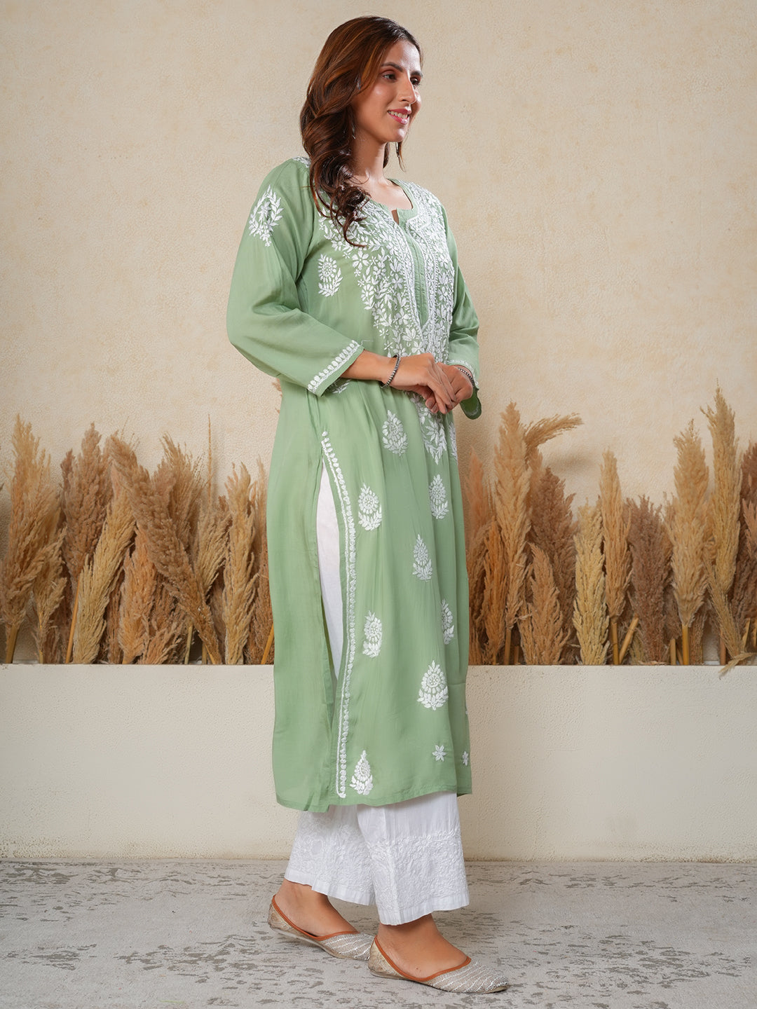 Nilofar: Sage Green hand embroidered Modal Chikankari Kurti