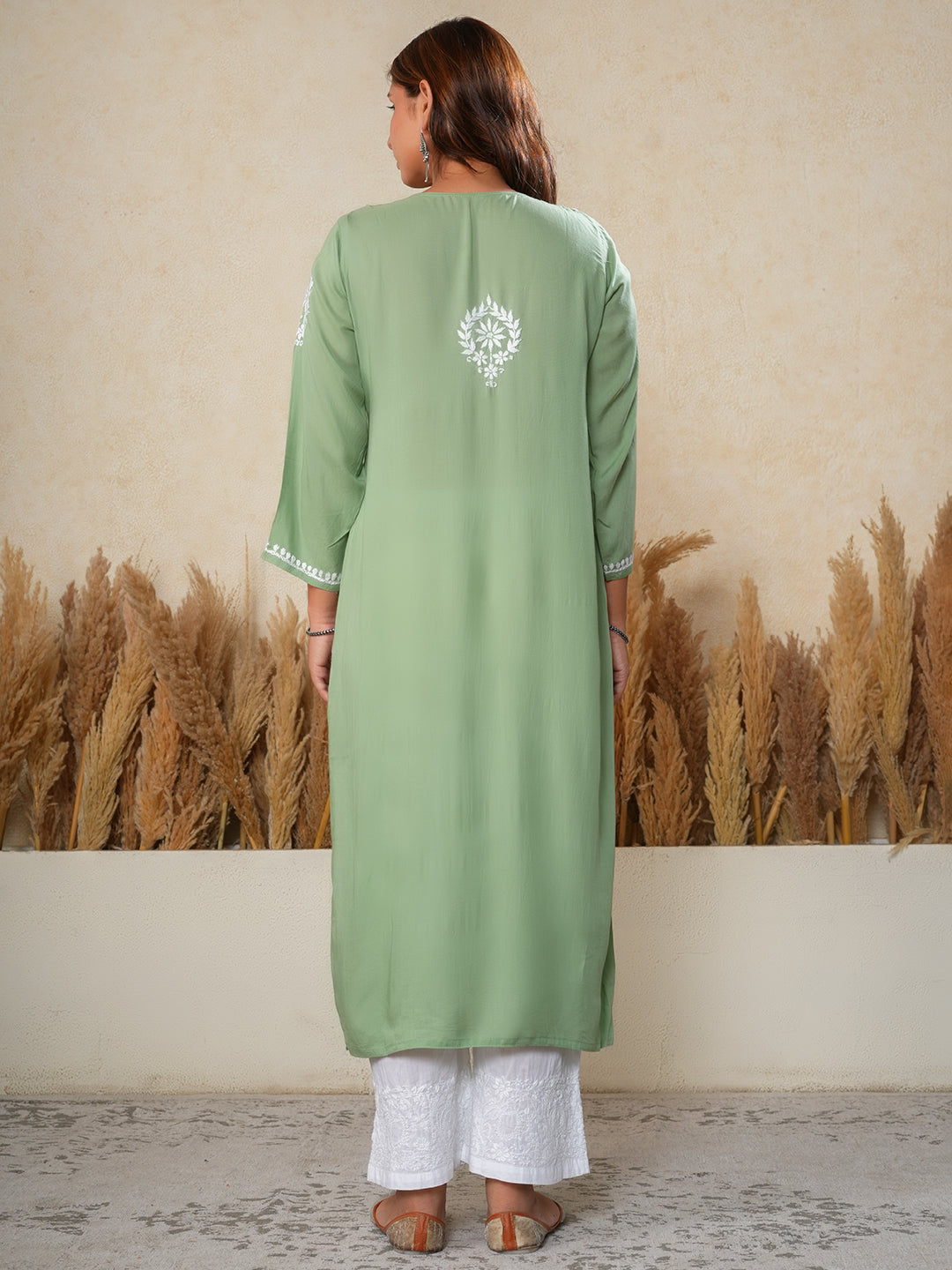 Nilofar: Sage Green hand embroidered Modal Chikankari Kurti