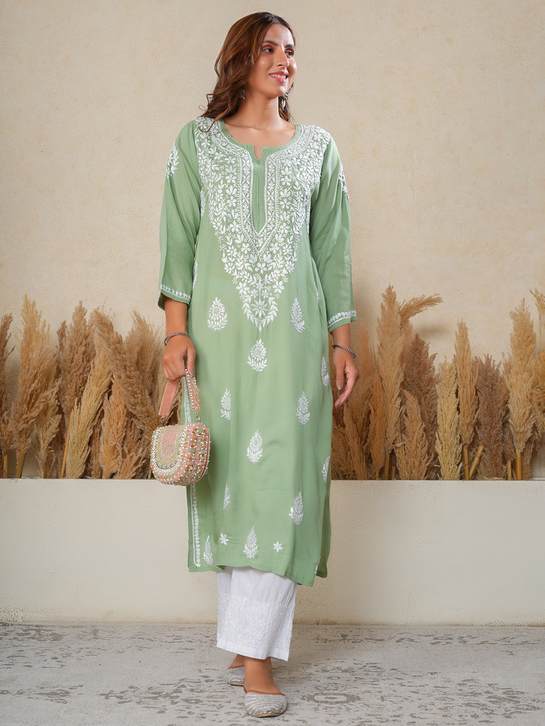 Nilofar: Sage Green hand embroidered Modal Chikankari Kurti
