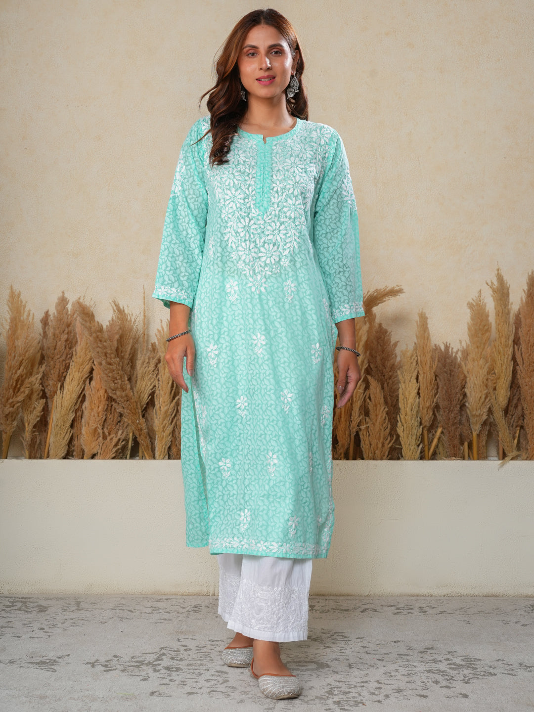 Jugni Mul Cotton Printed Straight Kurti-Cool Green