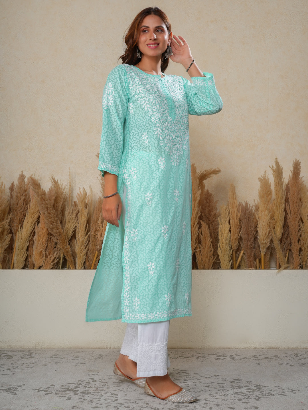 Jugni Mul Cotton Printed Straight Kurti-Cool Green
