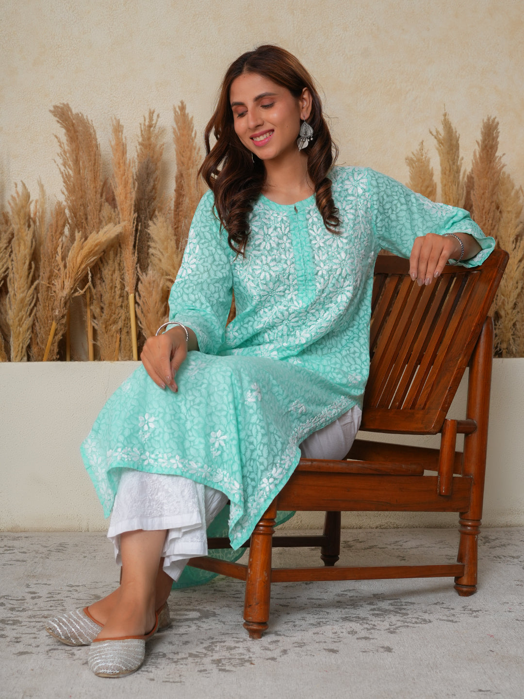 Jugni Mul Cotton Printed Straight Kurti-Cool Green
