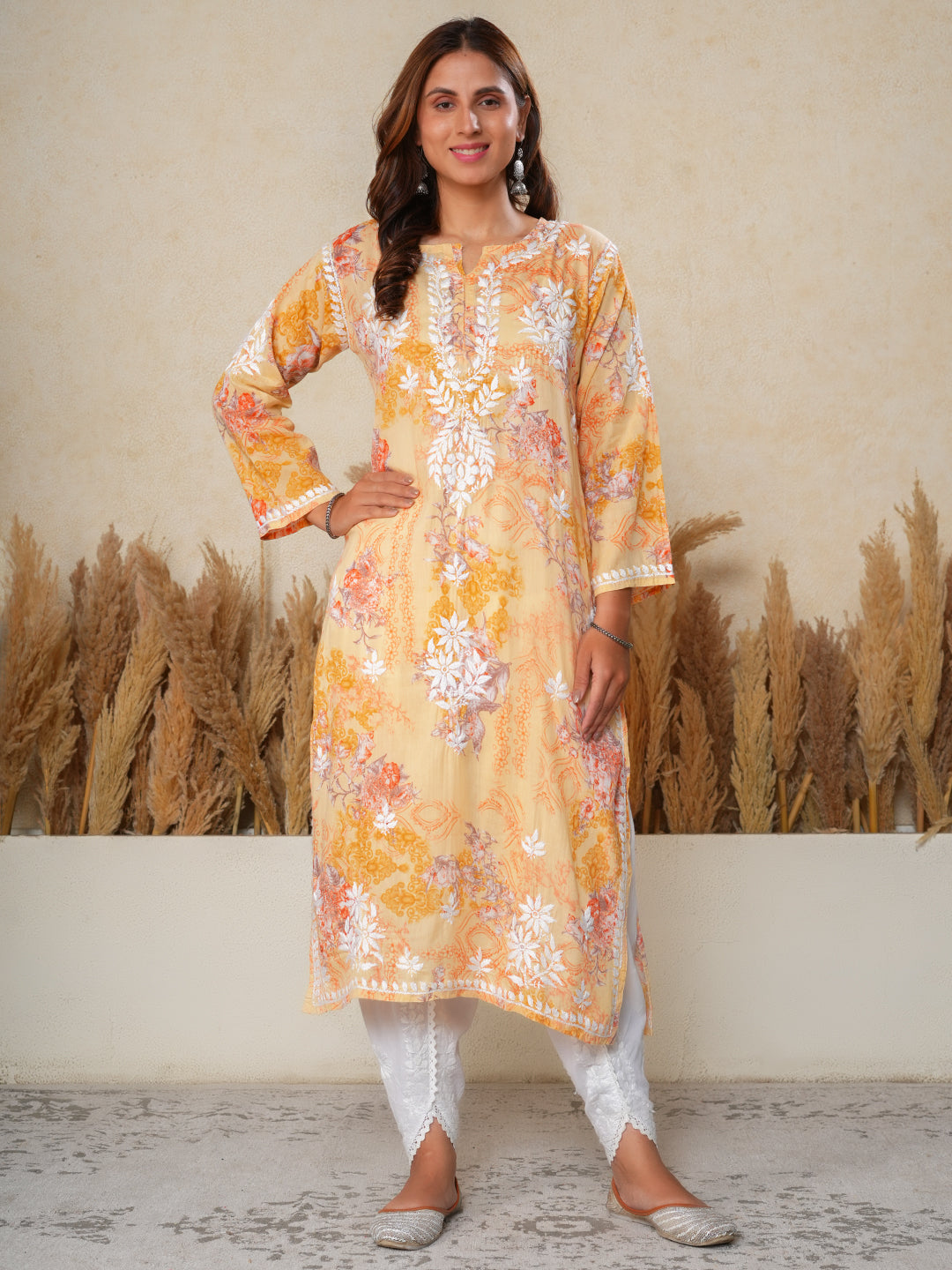 Jugni sunset orange mul cotton Floral Printed Short Chikankari Kurti
