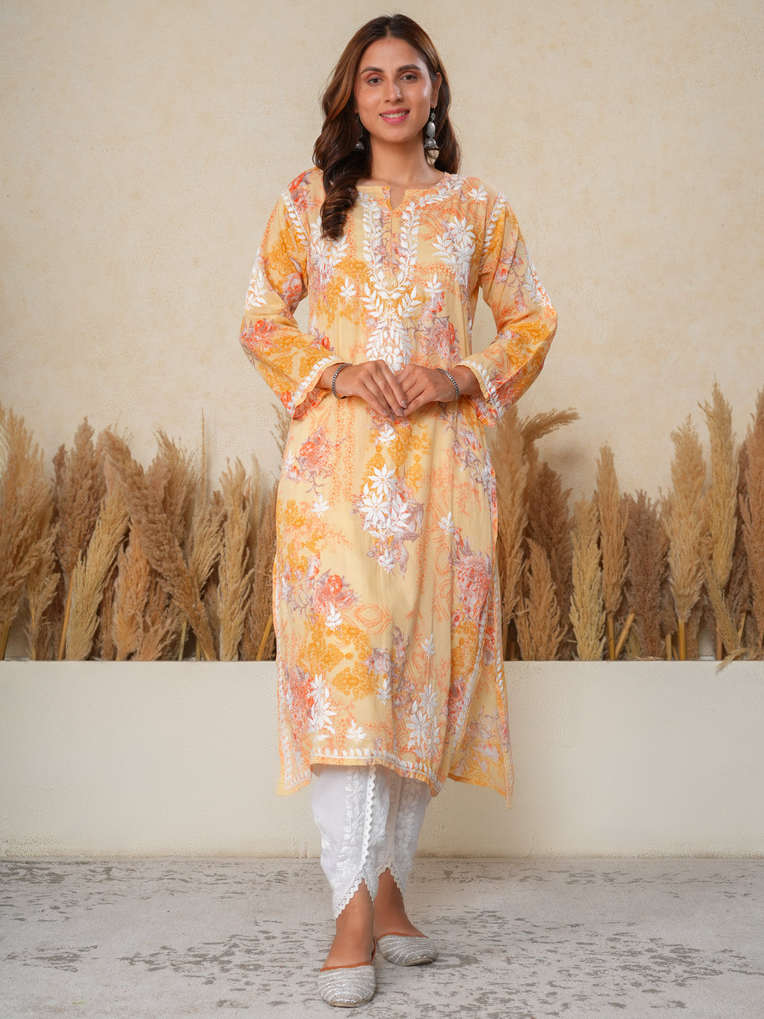 Jugni sunset orange mul cotton Floral Printed Short Chikankari Kurti