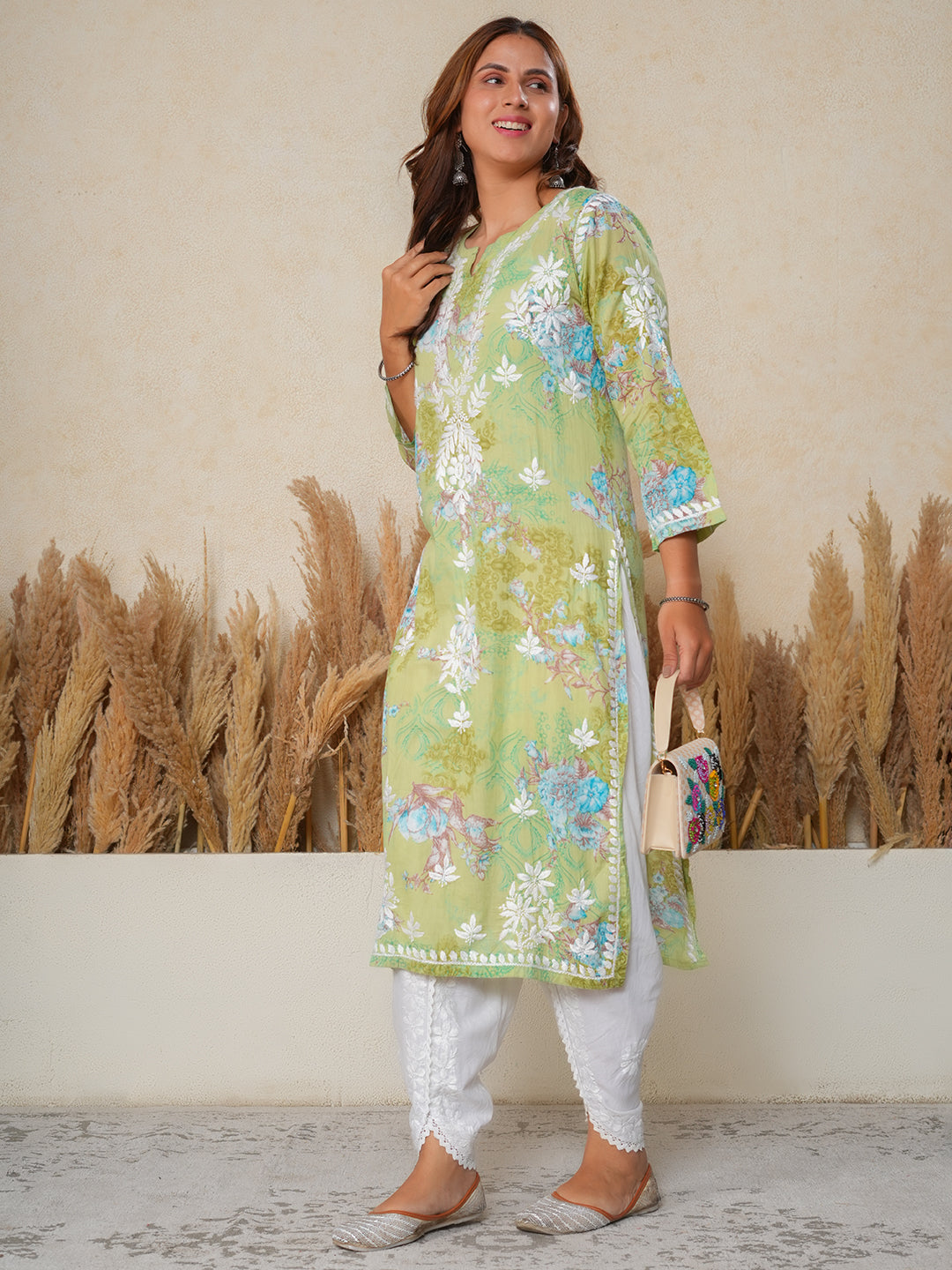 Jugni green mul cotton printed Chikankari Kurti
