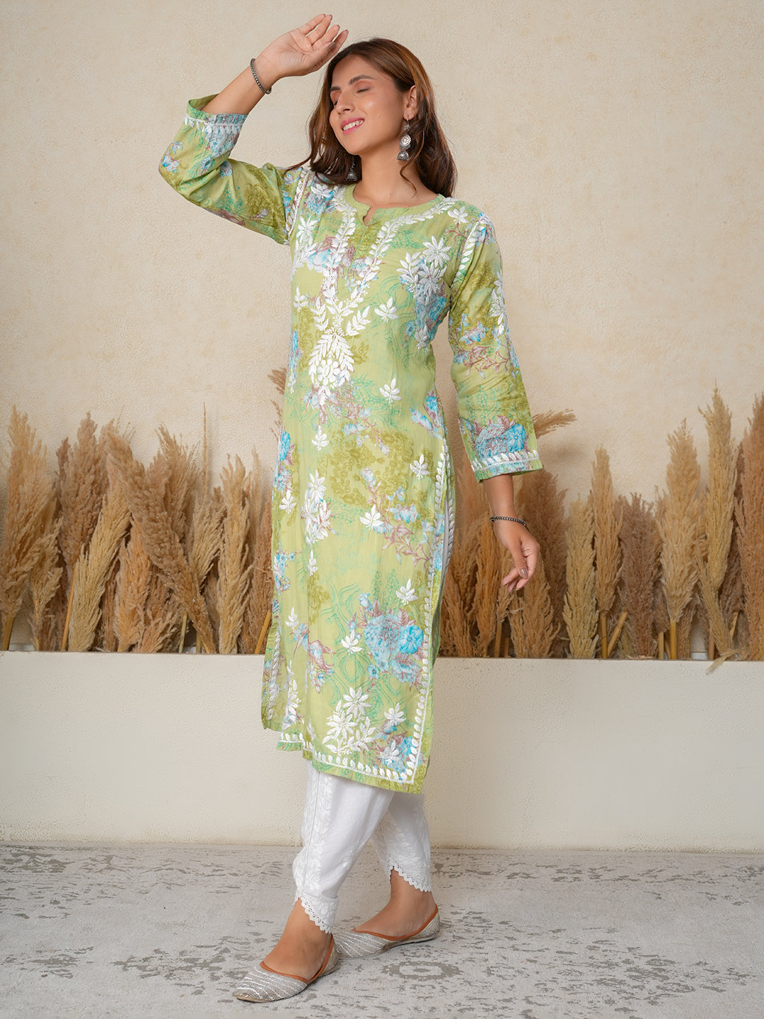 Jugni green mul cotton printed Chikankari Kurti