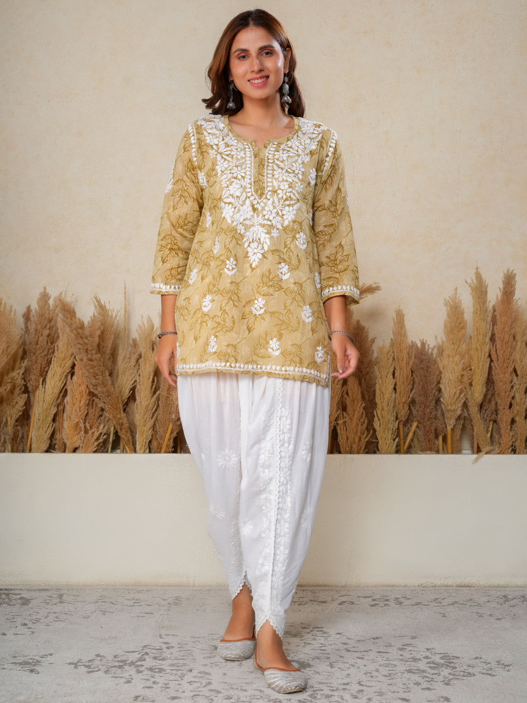 Jugni Mustard mul cotton Floral printed Chikankari Kurti