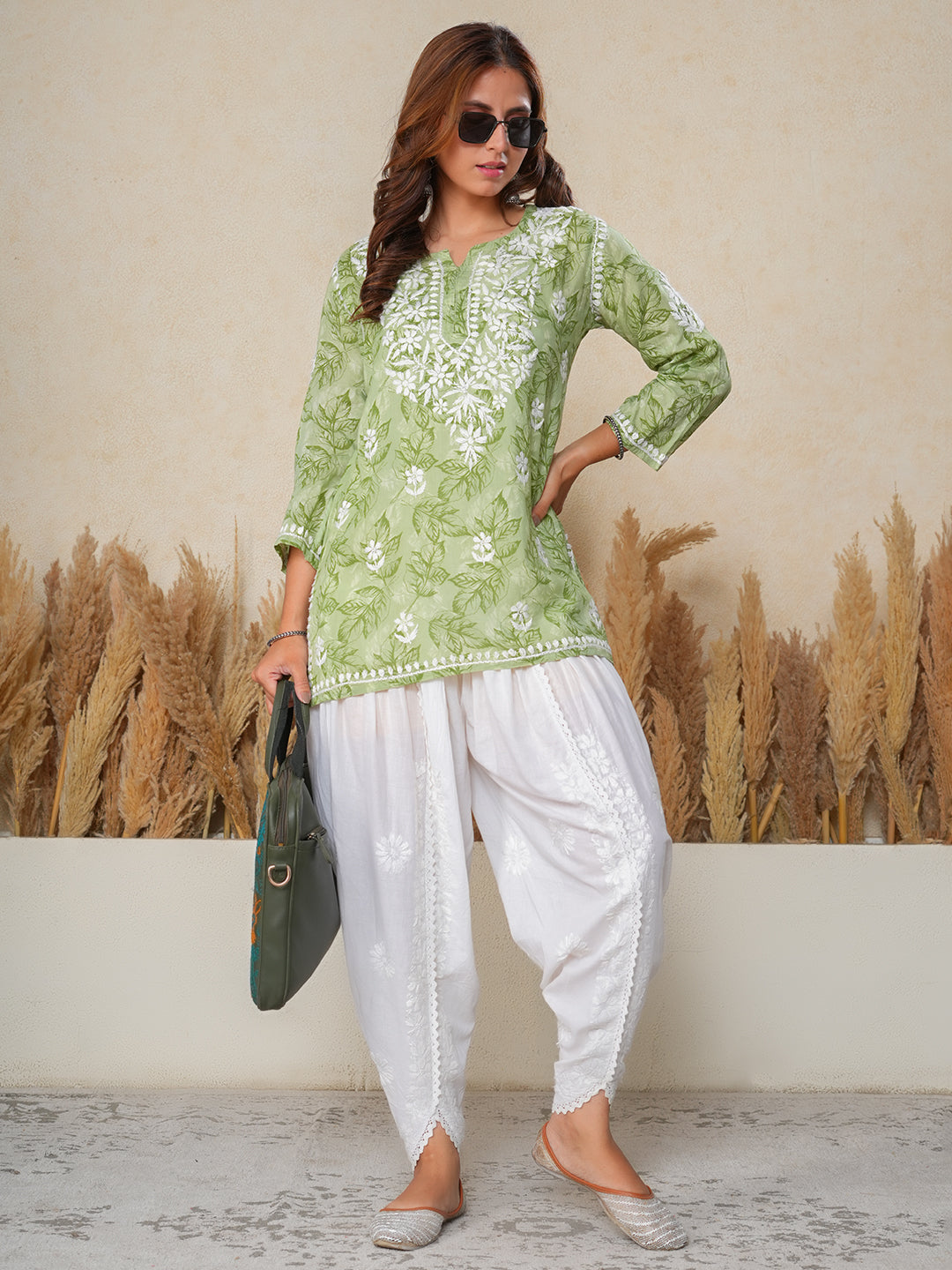 Jugni Green mul cotton Floral Printed Short Chikankari Kurti