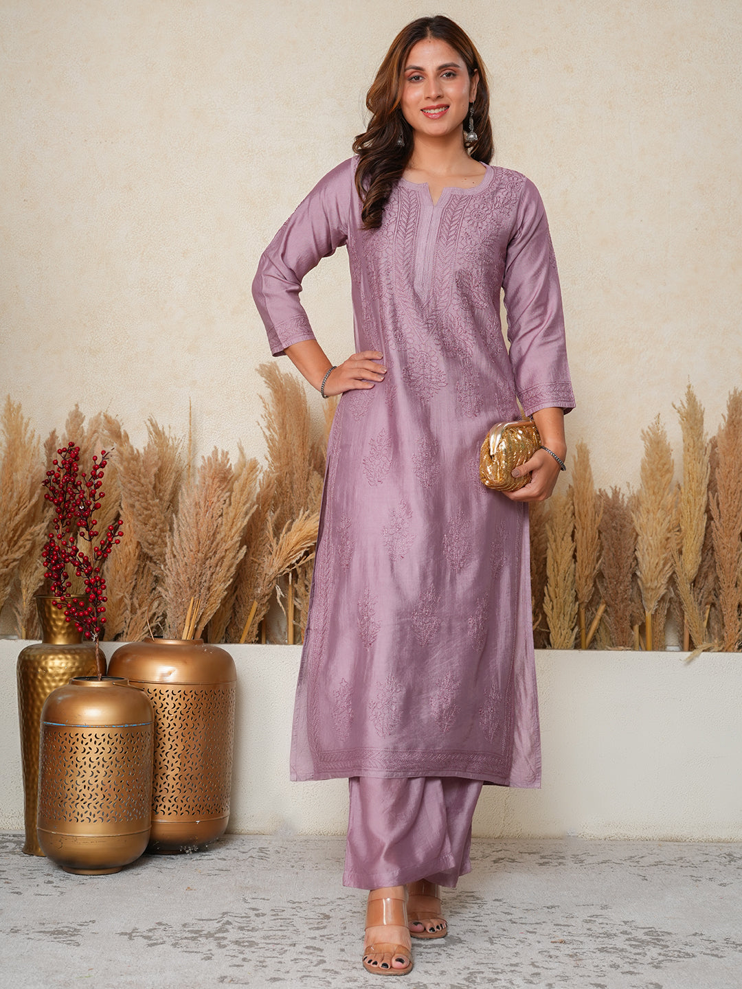Aafreen:  Chanderi silk suit embellished with traditional Bakhiya chikankari embroider- Onion Pink