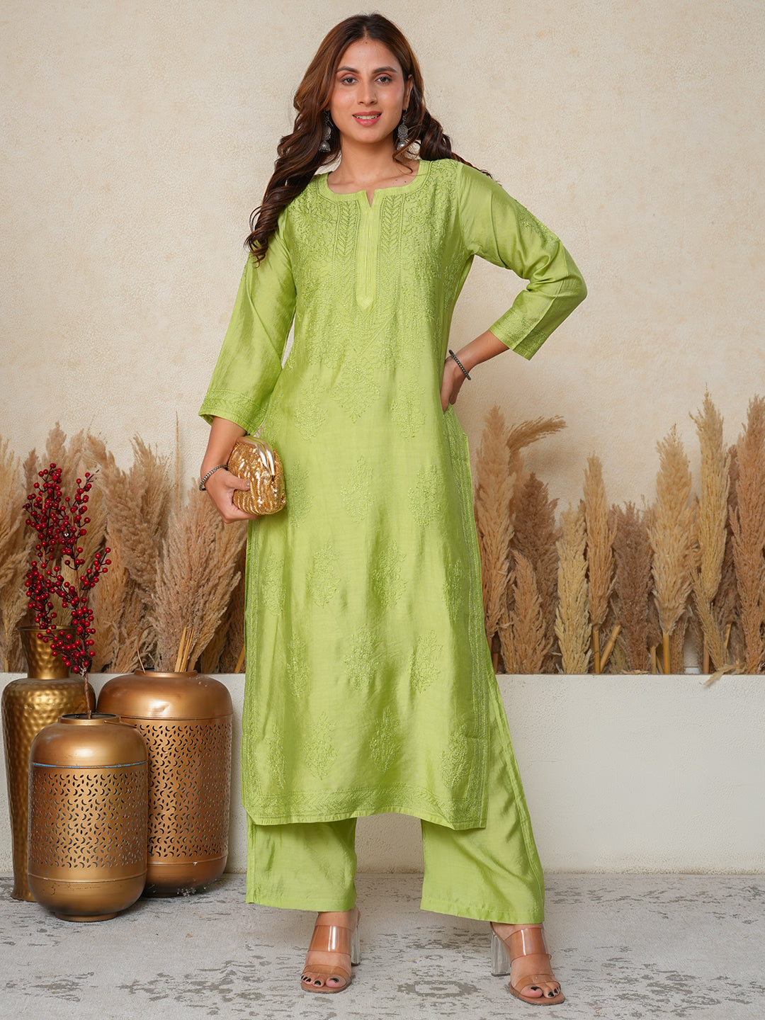 Aafreen:  Chanderi silk suit  traditional Bakhiya chikankari embroidery-Green