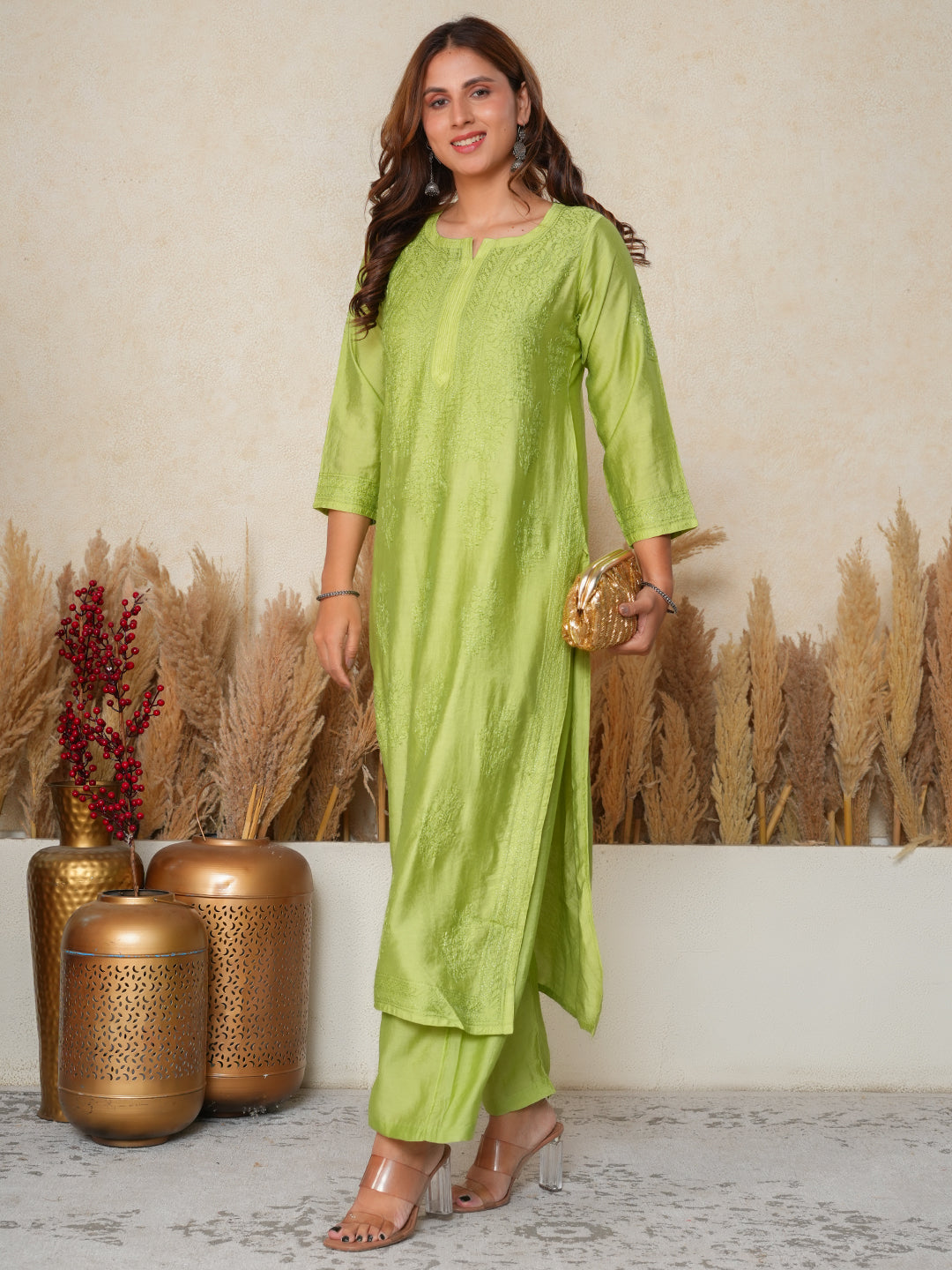 Aafreen:  Chanderi silk suit  traditional Bakhiya chikankari embroidery-Green
