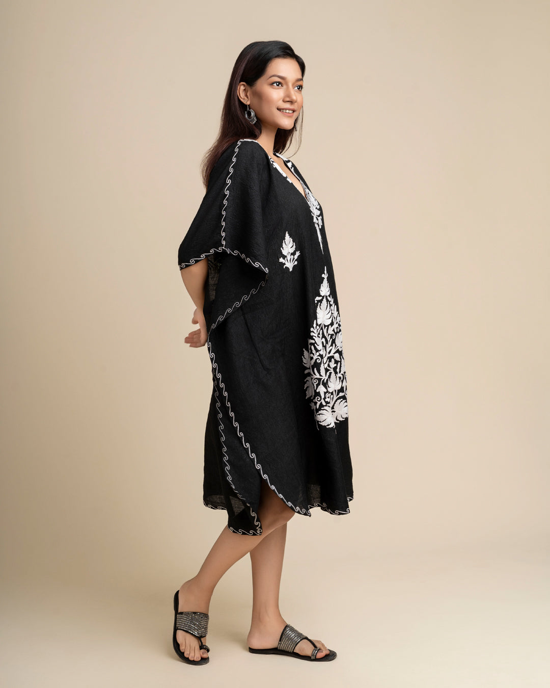 KHIZAN-Black Embroidered Cotton Long Summer Kaftan