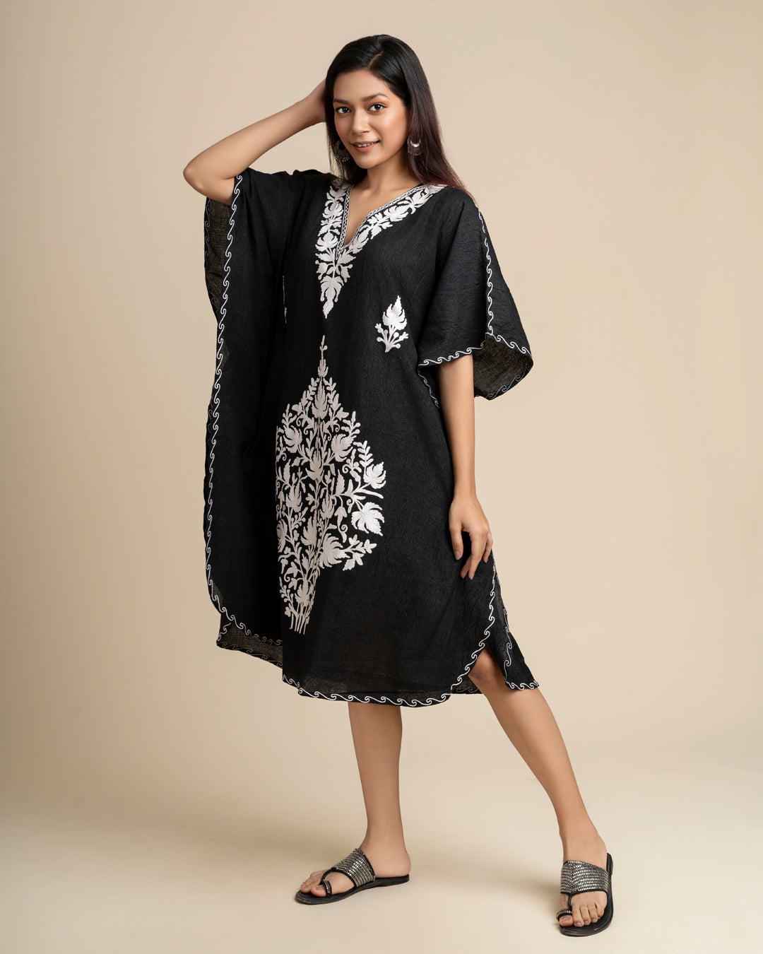 KHIZAN-Black Embroidered Cotton Long Summer Kaftan