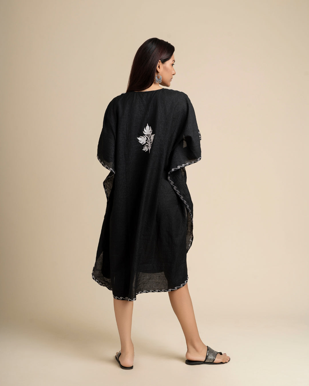 KHIZAN-Black Embroidered Cotton Long Summer Kaftan