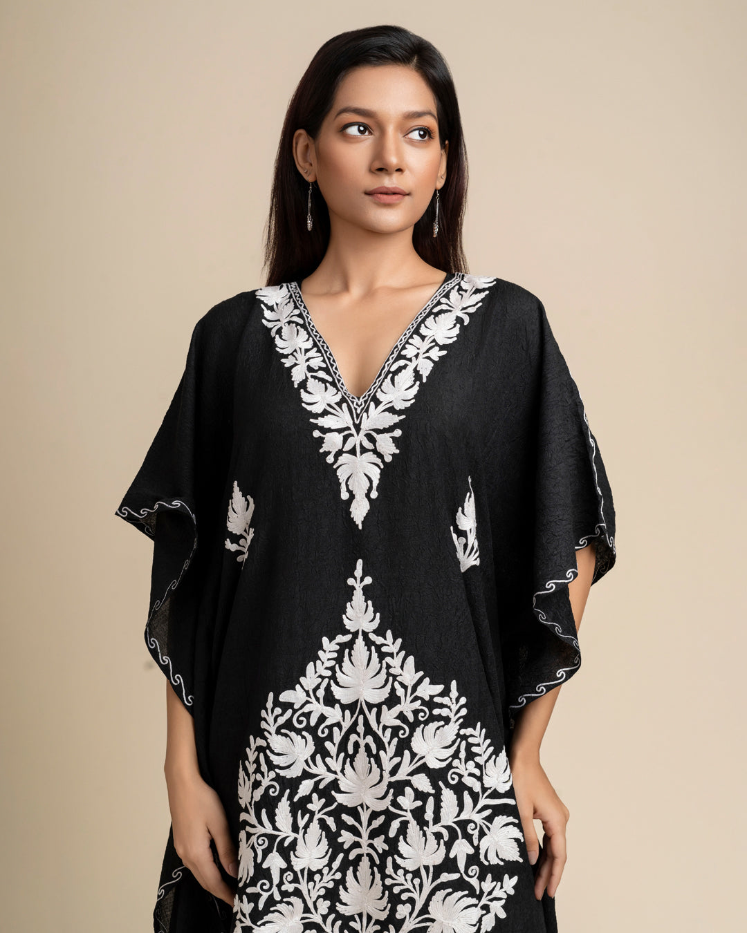 KHIZAN-Black Embroidered Cotton Long Summer Kaftan