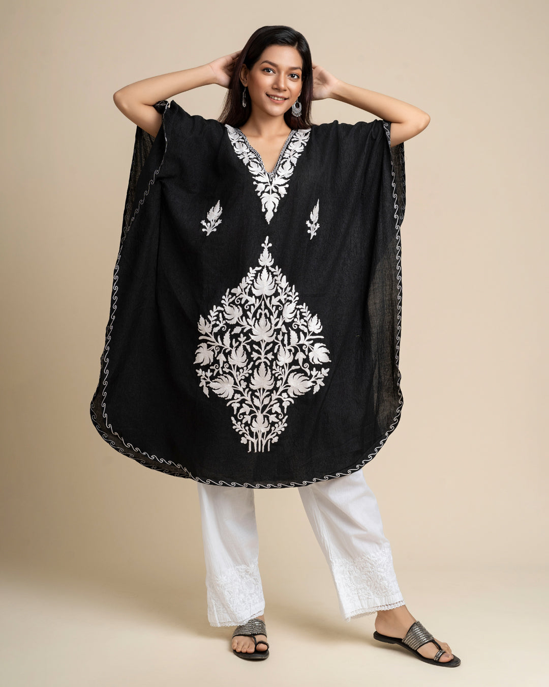 KHIZAN-Black Embroidered Cotton Long Summer Kaftan