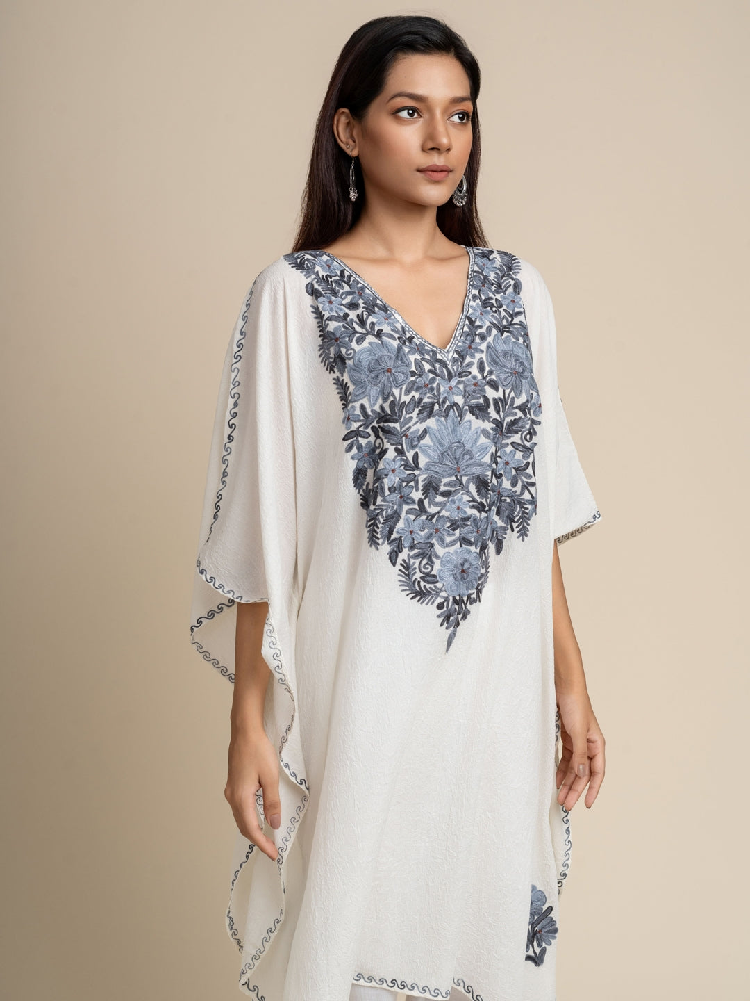 KHIZAN-White Embroidered Cotton Long Summer Kaftan