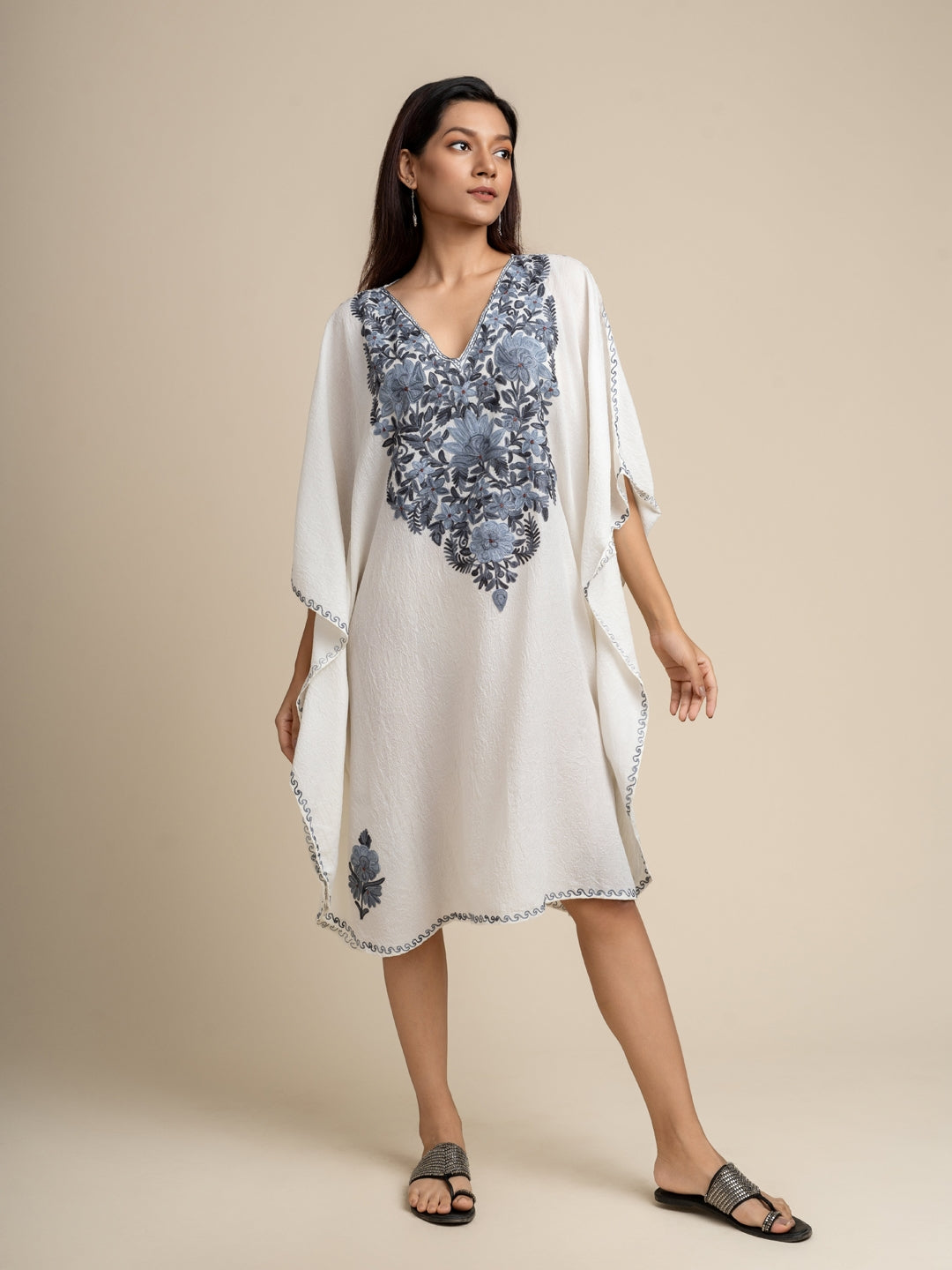 KHIZAN-White Embroidered Cotton Long Summer Kaftan