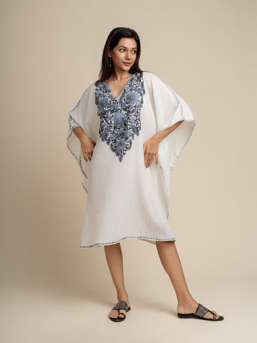 KHIZAN-White Embroidered Cotton Long Summer Kaftan