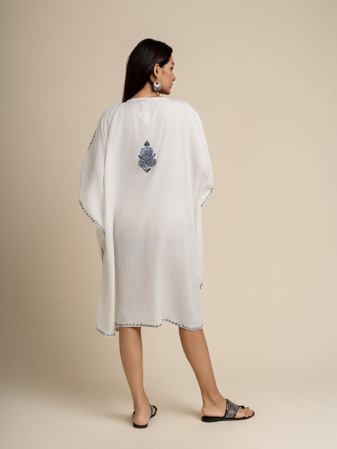 KHIZAN-White Embroidered Cotton Long Summer Kaftan