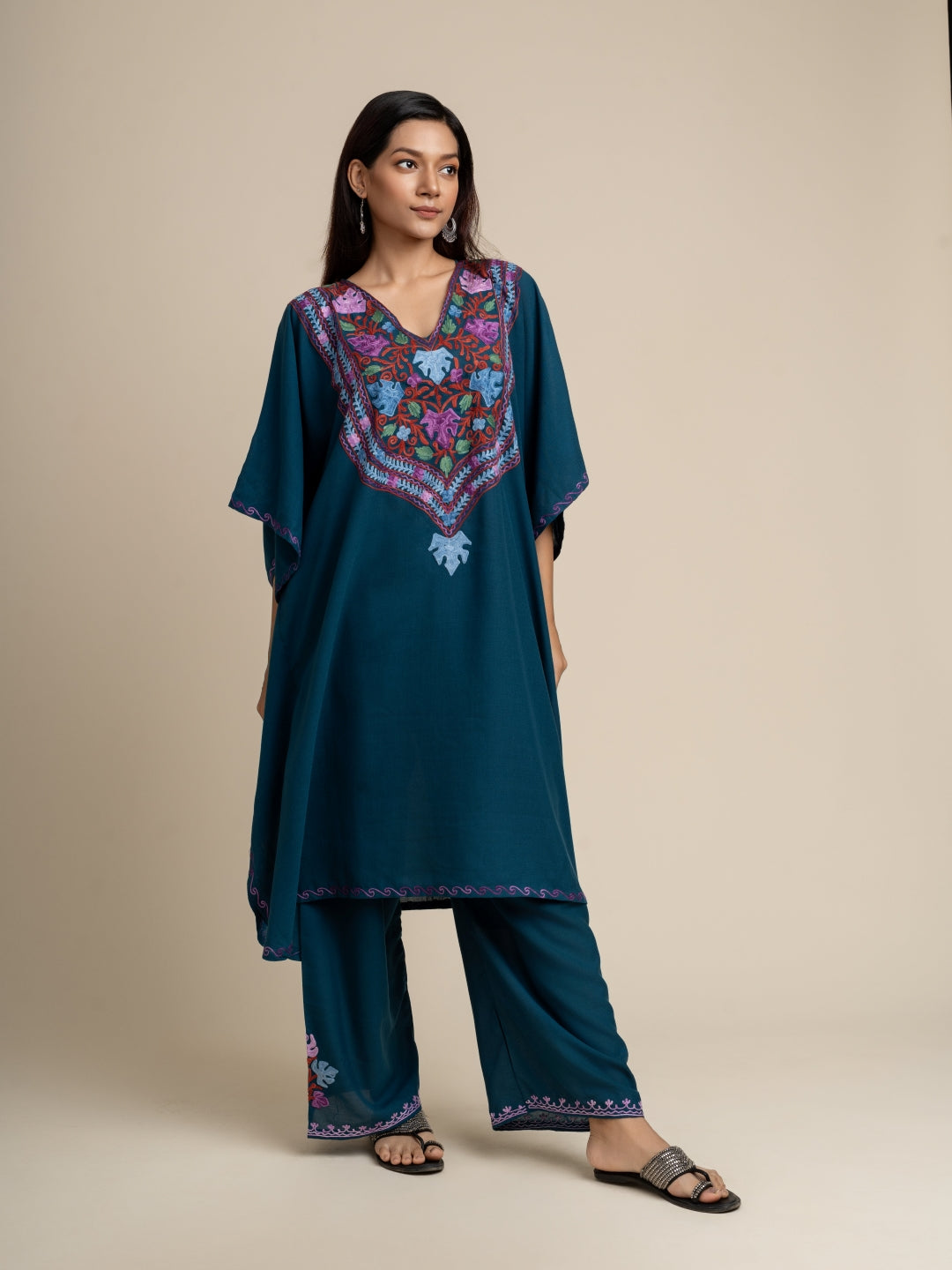 KHIZAN-Kashmiri kaftan set Blue with Beautiful Vibrant Aari Embroidery