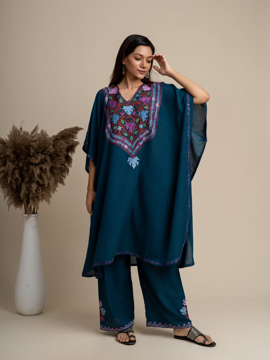 KHIZAN-Kashmiri kaftan set Blue with Beautiful Vibrant Aari Embroidery