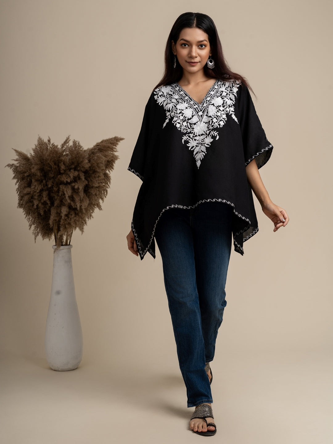 KHIZAN-Kashmiri Black Embroidered Cotton Short Summer Kaftan