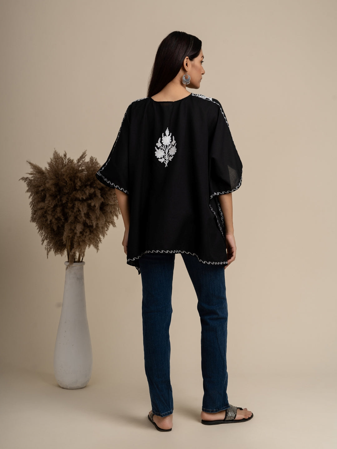 KHIZAN-Kashmiri Black Embroidered Cotton Short Summer Kaftan