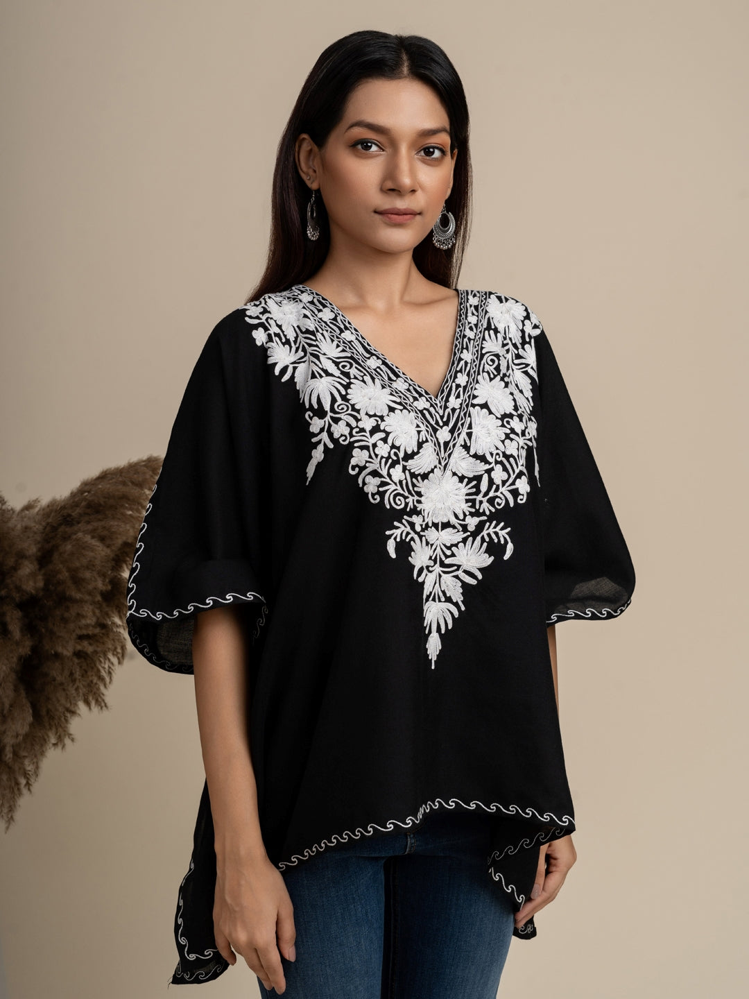 KHIZAN-Kashmiri Black Embroidered Cotton Short Summer Kaftan