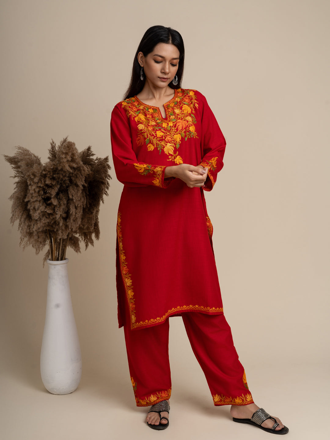 KHIZAN- Kashmiri AARI Red Kurta with Pant