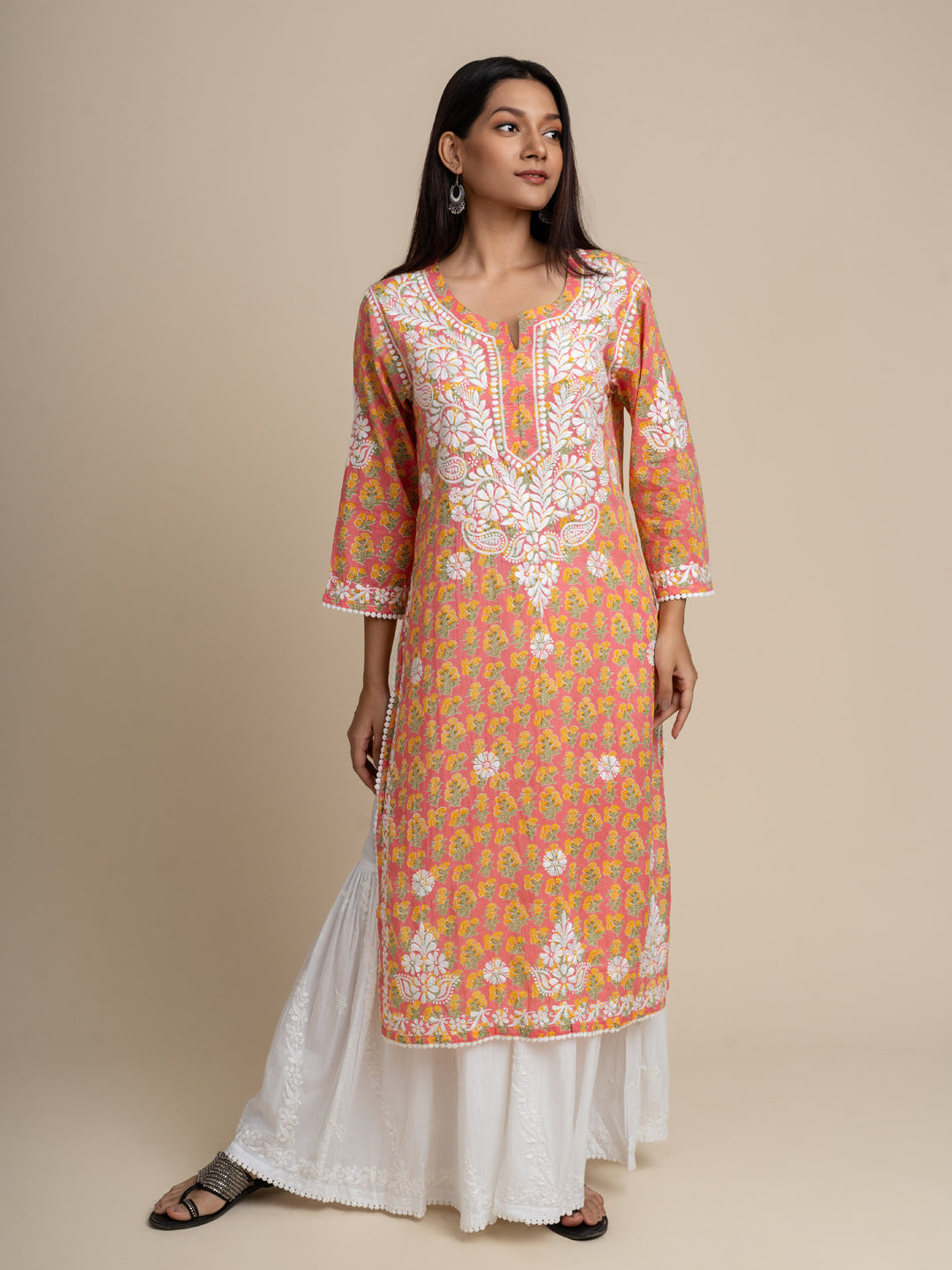 Jugni Mul cotton Chikankari Straight Kurti-Pink