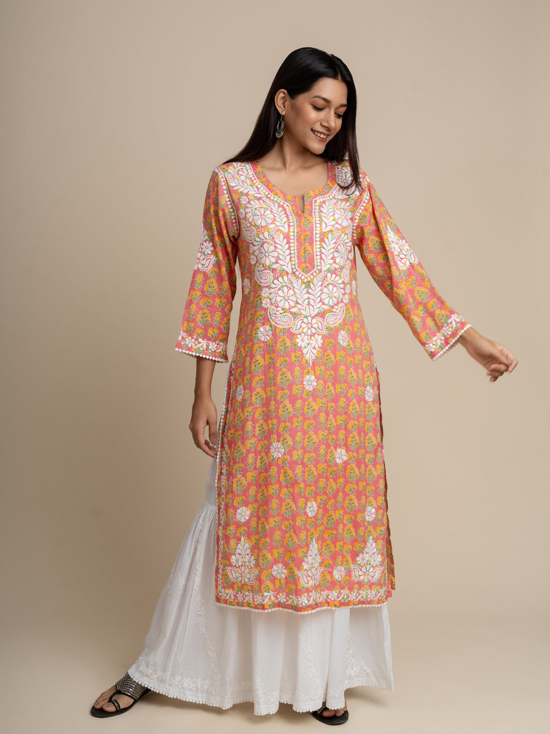 Jugni Mul cotton Chikankari Straight Kurti-Pink