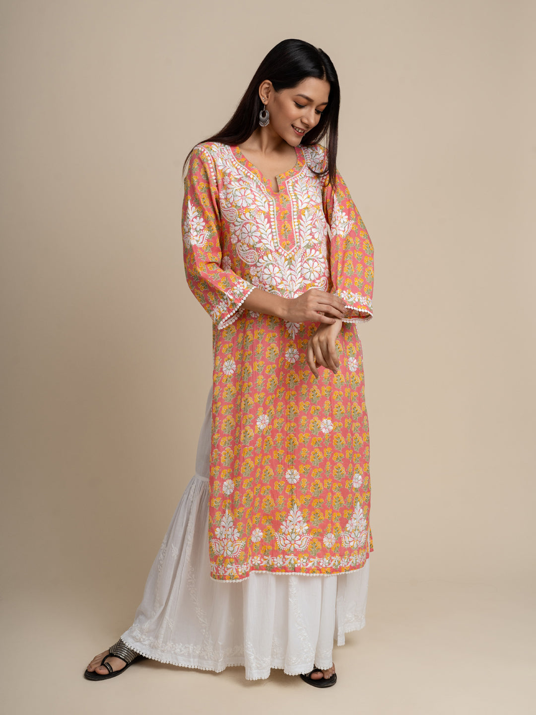 Jugni Mul cotton Chikankari Straight Kurti-Pink