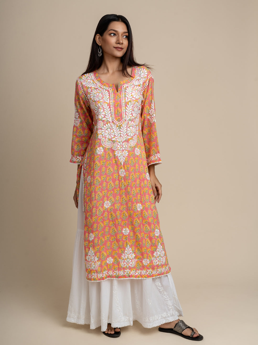 Jugni Mul cotton Chikankari Straight Kurti-Pink