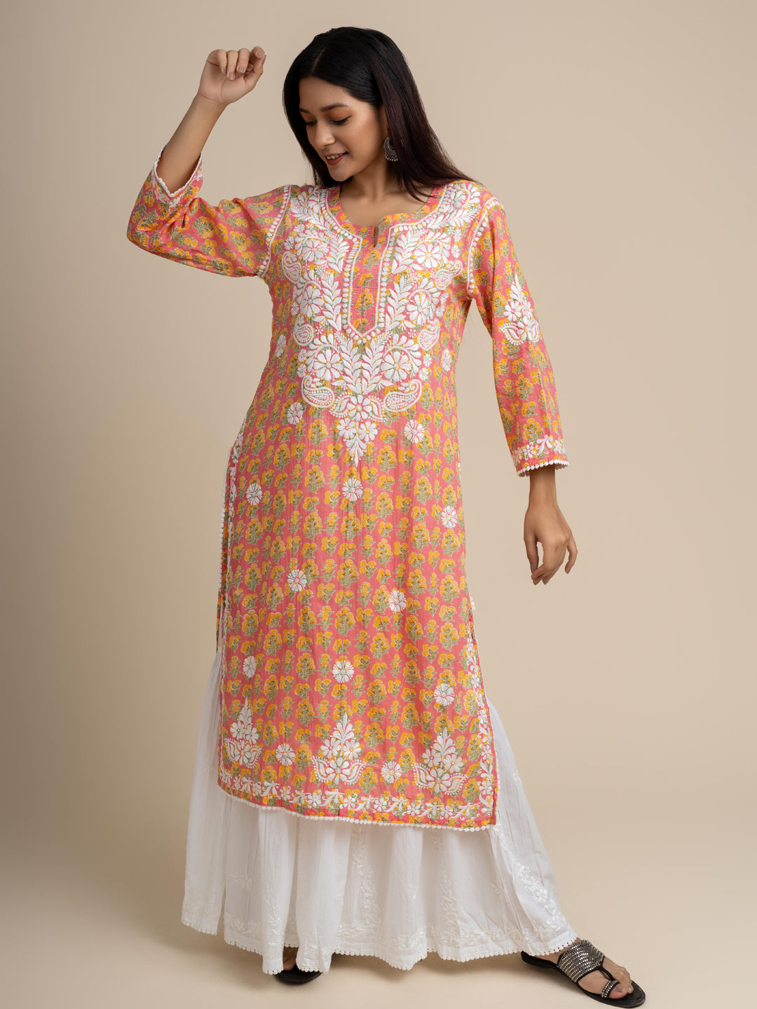 Jugni Mul cotton Chikankari Straight Kurti-Pink