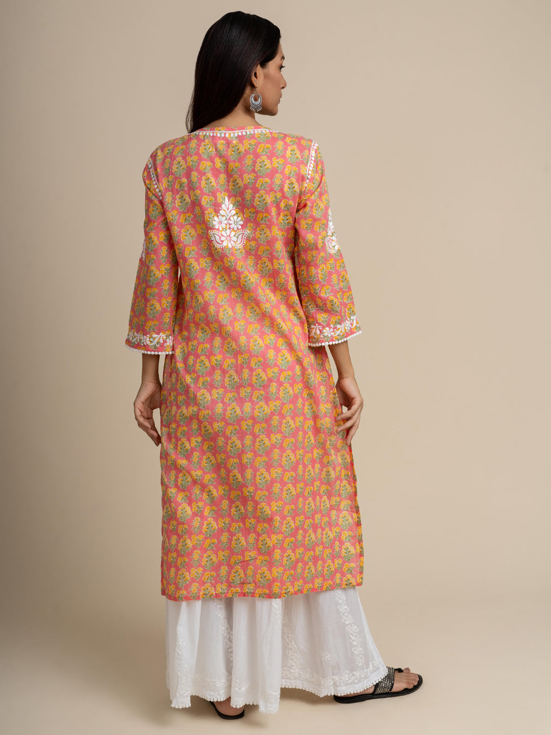 Jugni Mul cotton Chikankari Straight Kurti-Pink