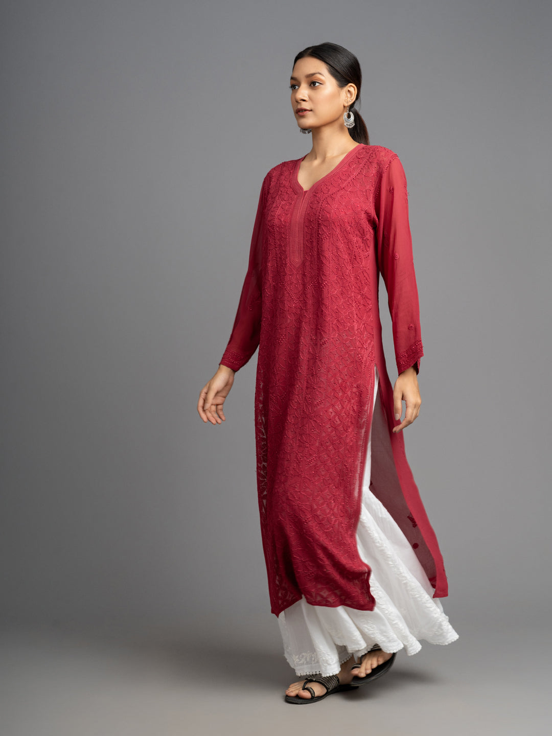 ADA “Silk-Thread crafted viscose Chikankari Kurti Maroon