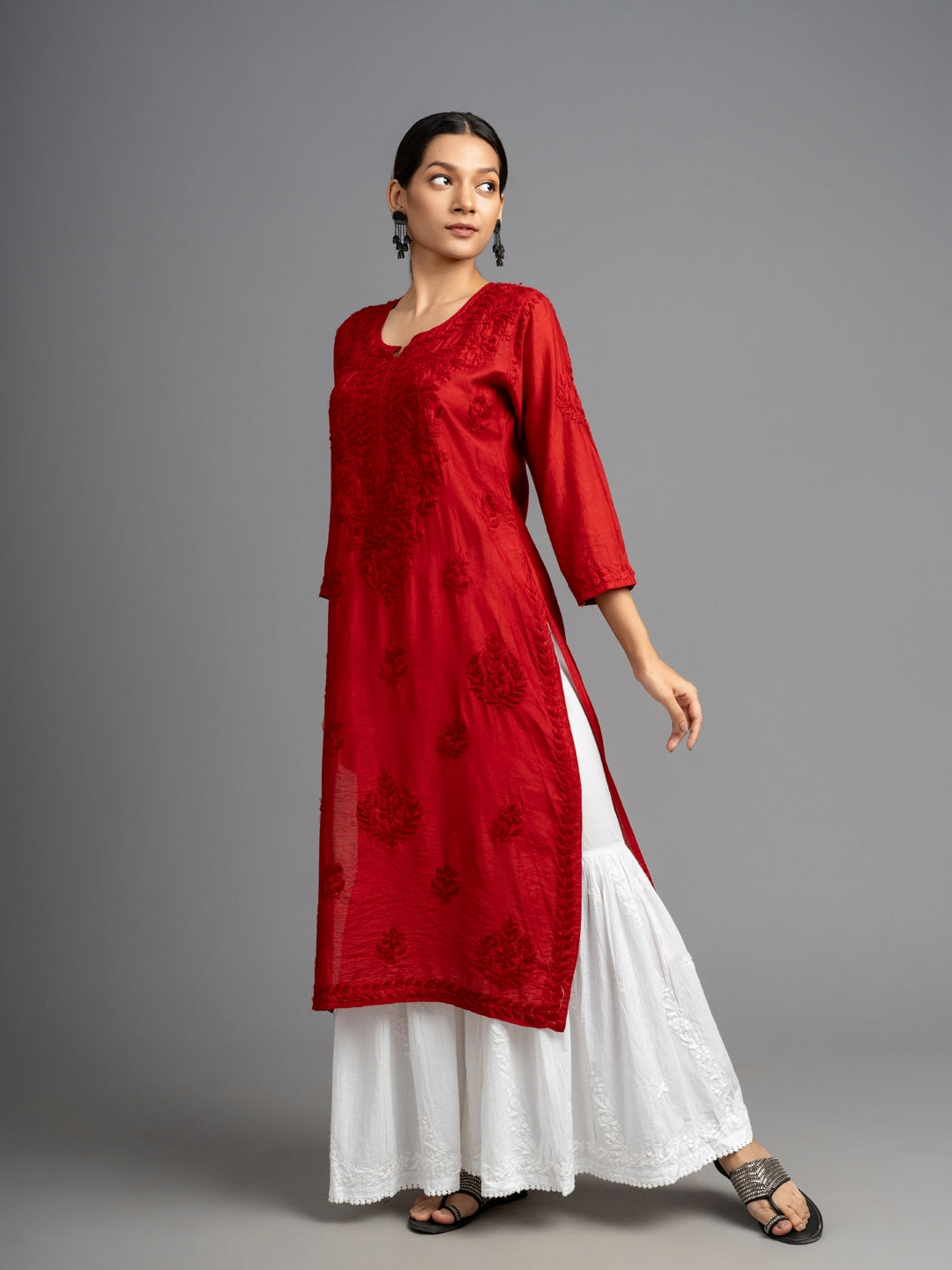 Red Chanderi Silk Straight Kurti with intricate chikankari