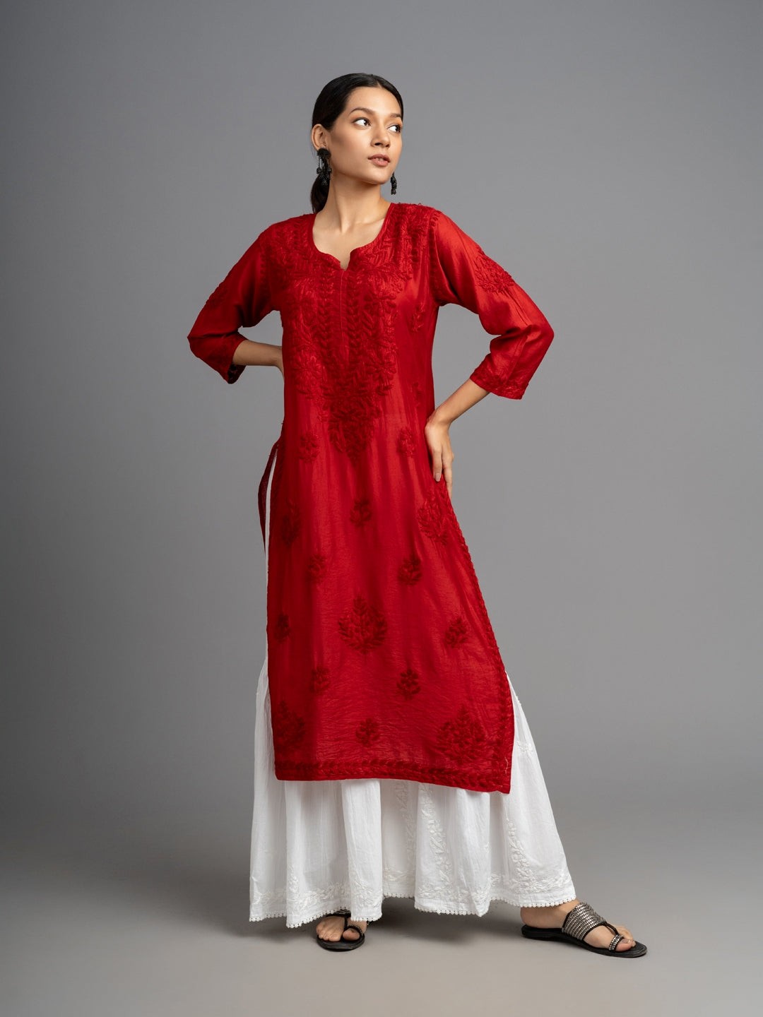 Red Chanderi Silk Straight Kurti with intricate chikankari