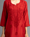 Red Chanderi Silk Straight Kurti with intricate chikankari