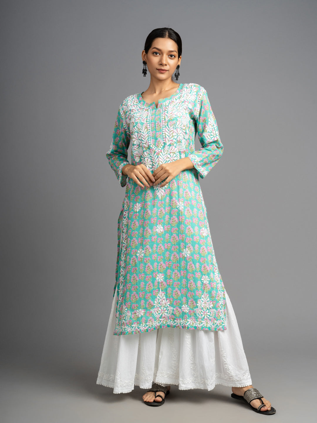 Jugni Mul cotton Chikankari Straight Kurti Turquoise Green