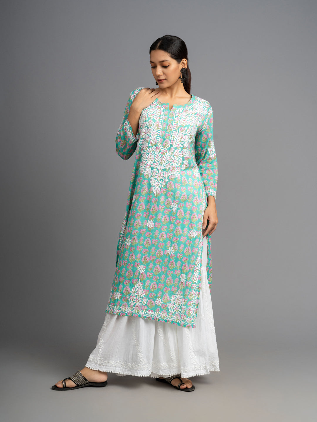 Jugni Mul cotton Chikankari Straight Kurti Turquoise Green