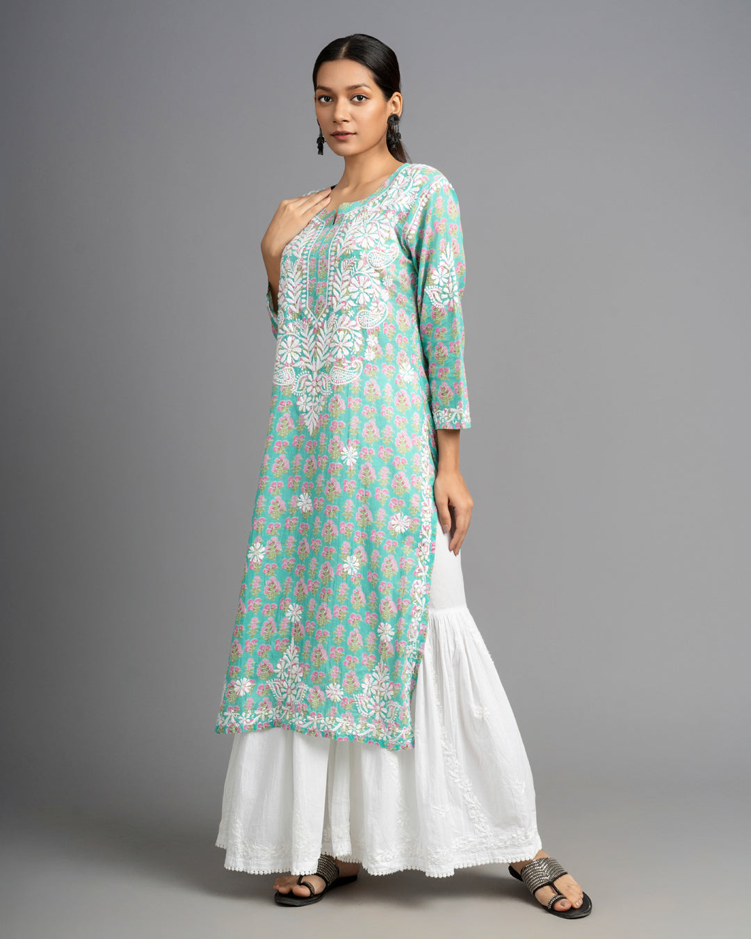 Jugni Mul cotton Chikankari Straight Kurti Turquoise Green