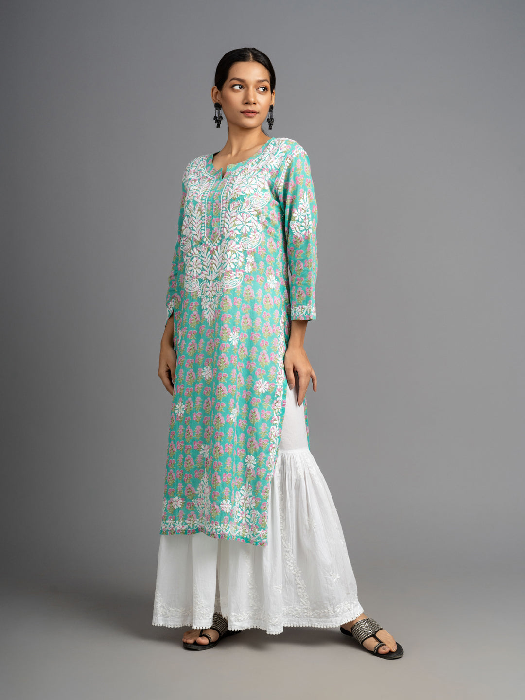 Jugni Mul cotton Chikankari Straight Kurti Turquoise Green