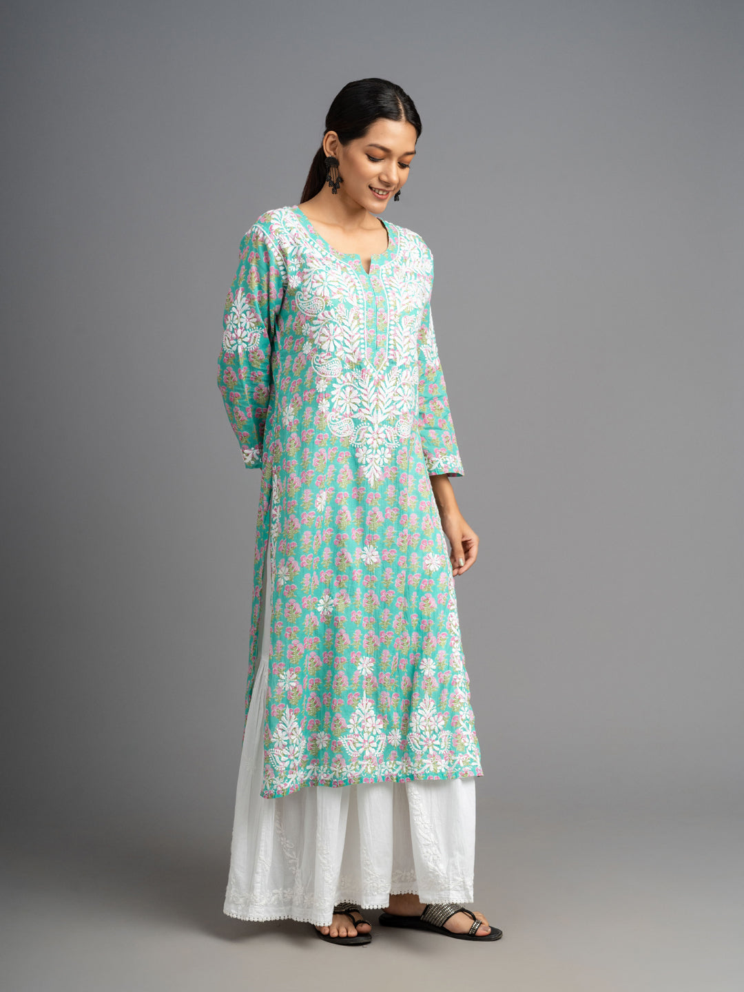 Jugni Mul cotton Chikankari Straight Kurti Turquoise Green