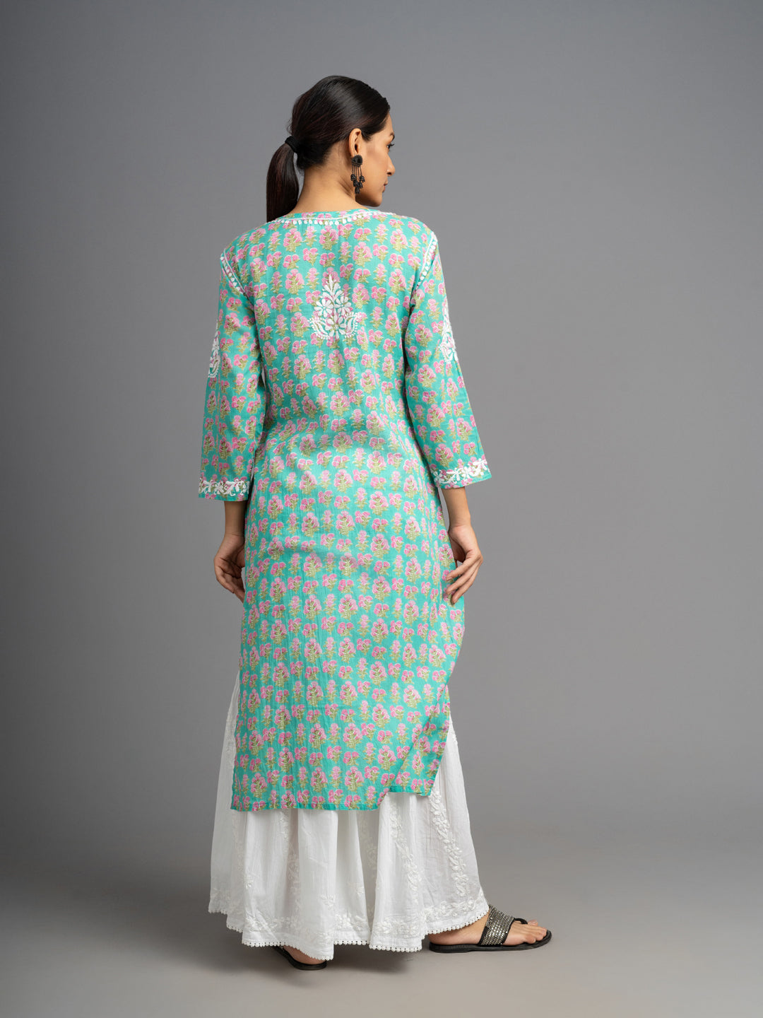 Jugni Mul cotton Chikankari Straight Kurti Turquoise Green